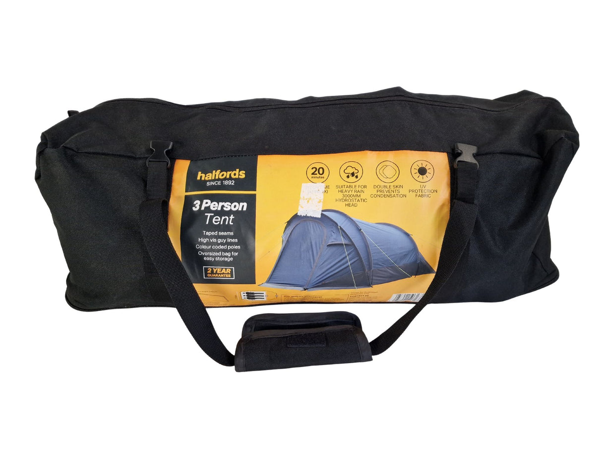 Halfords 3 Person Double Skin Waterproof Quick Pitch Camping Tent - Grey