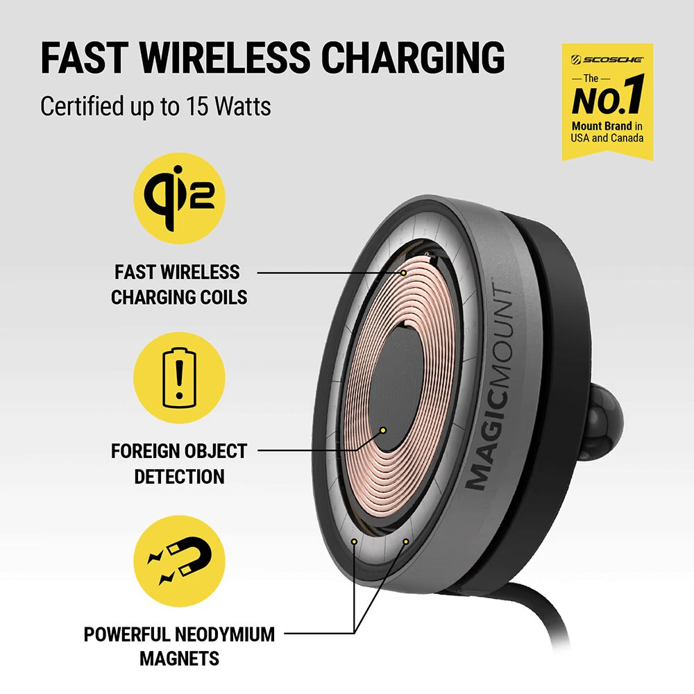 MagicMount MagSafe Compatible Qi2 Wireless Charging Phone Mount - Black