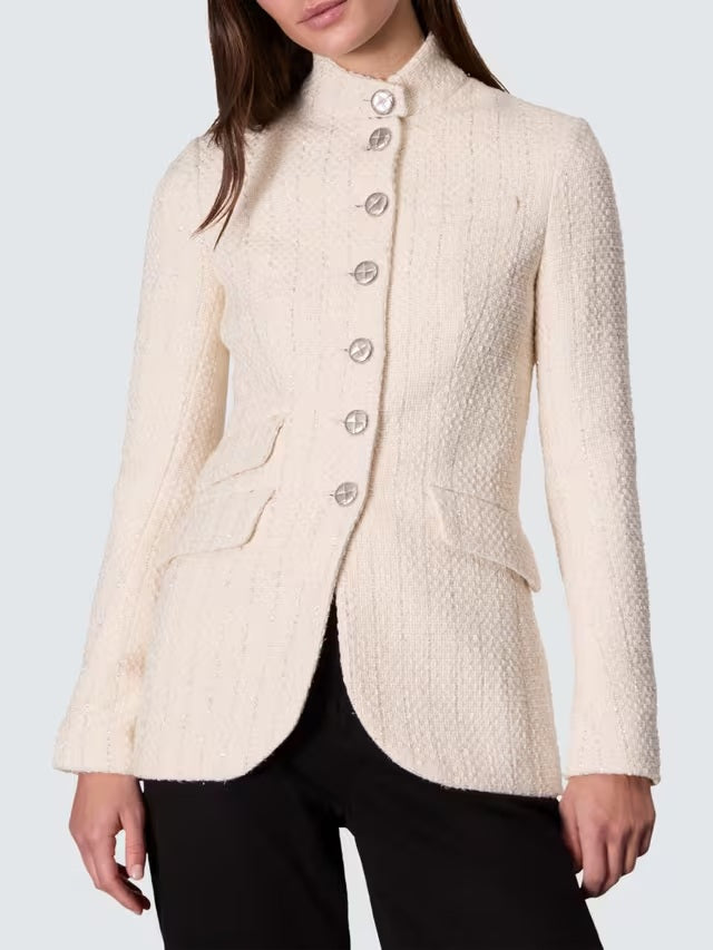 rag & bone Women's Slade High Neck Tweed Button Up Cotton Coat - White UK 8