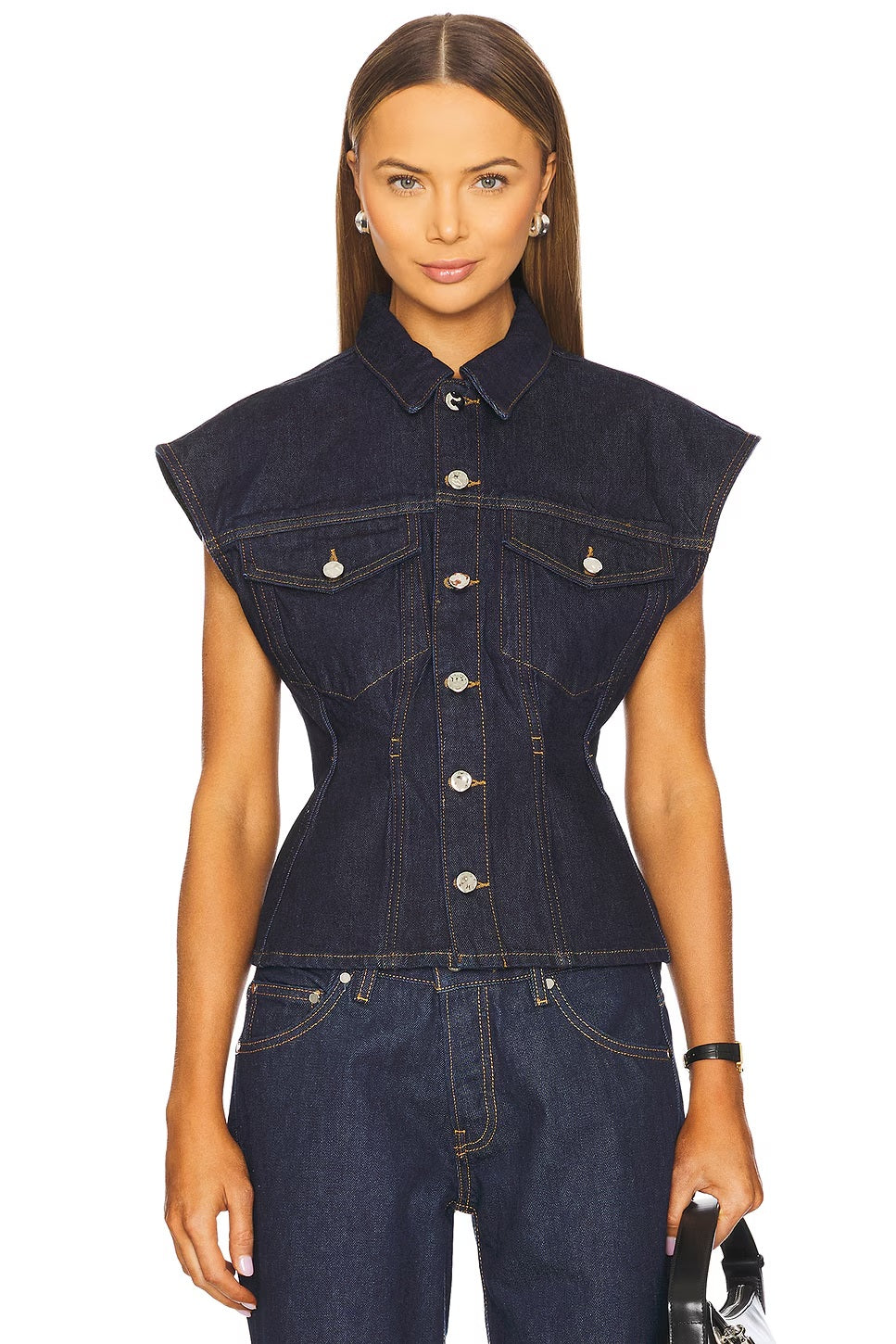 FRAME Women's The Nipped Classic Denim Button Vest Top - Dark Blue - S