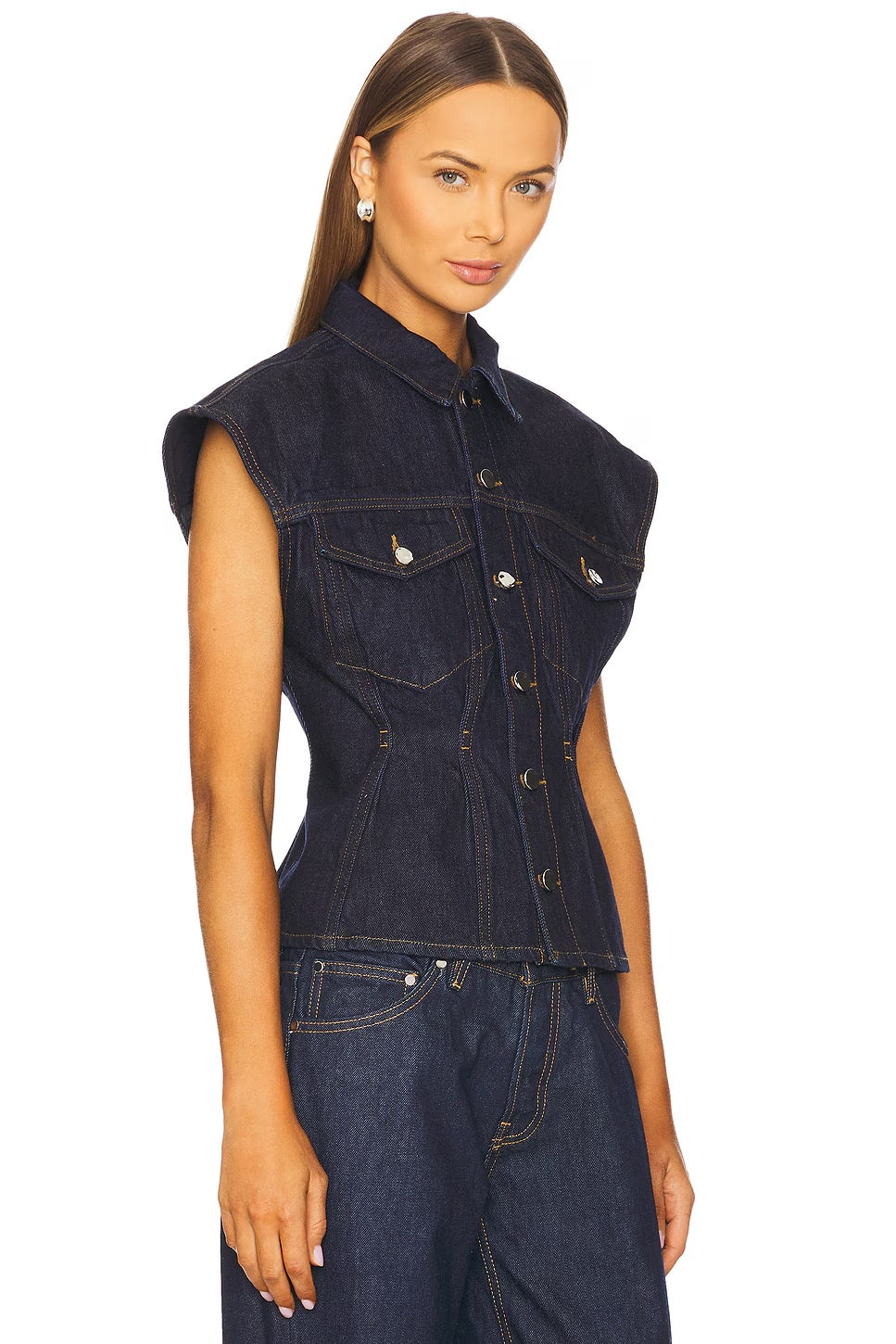 FRAME Women's The Nipped Classic Denim Button Vest Top - Dark Blue - S