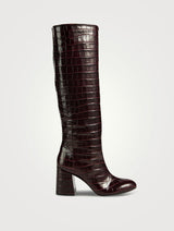 Stuart Weitzman Flareblock Plum Croc-Embossed Leather Knee High Boots UK 7