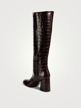 Stuart Weitzman Flareblock Plum Croc-Embossed Leather Knee High Boots UK 7