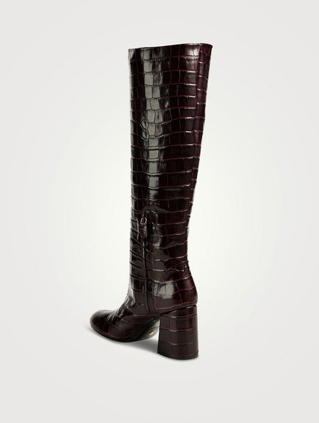 Stuart Weitzman Flareblock Plum Croc-Embossed Leather Knee High Boots UK 7