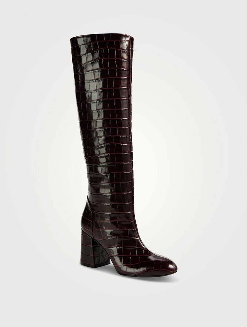 Stuart Weitzman Flareblock Plum Croc-Embossed Leather Knee High Boots UK 7