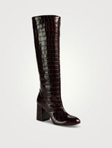 Stuart Weitzman Flareblock Plum Croc-Embossed Leather Knee High Boots UK 7