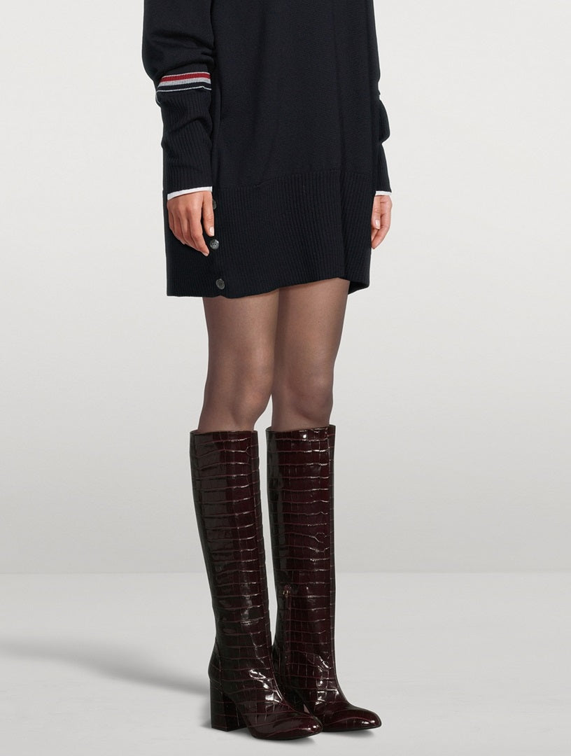 Stuart Weitzman Flareblock Plum Croc-Embossed Leather Knee High Boots UK 7