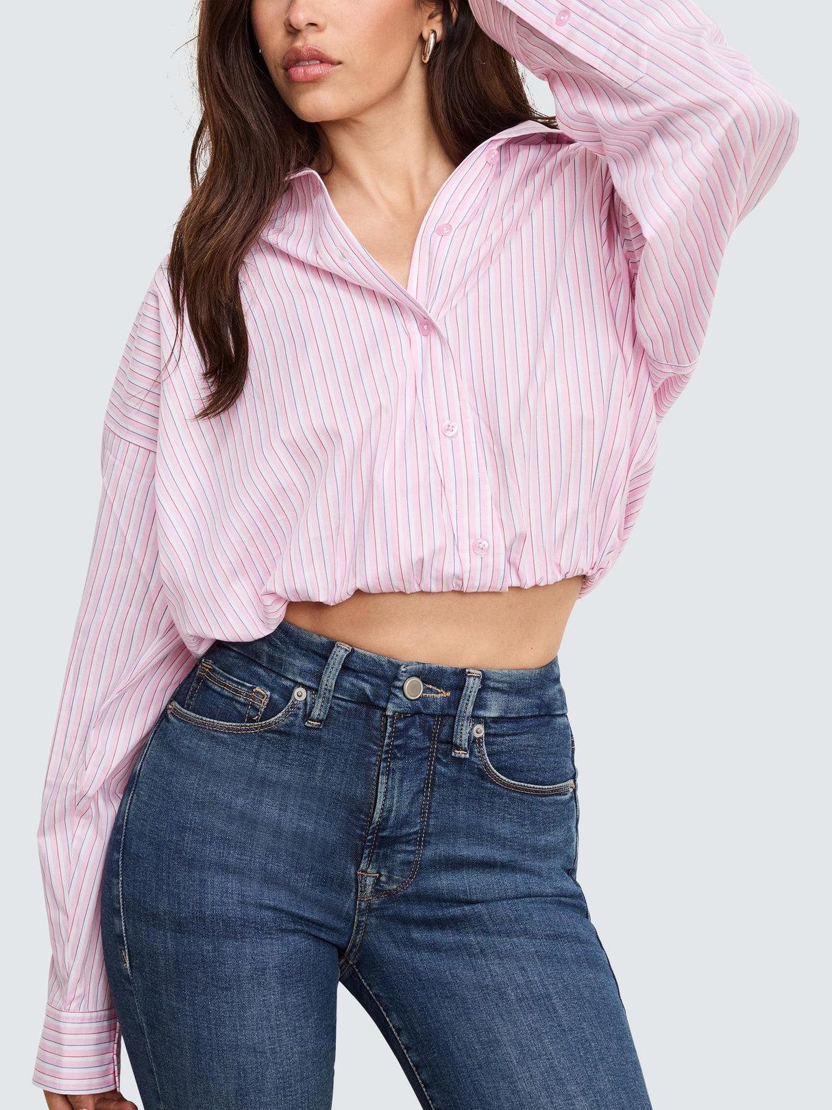 Good American Womens Striped Poplin Cotton Blend Bubble Shirt Size XL - Pink