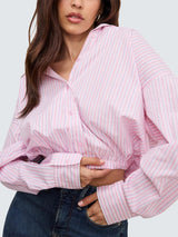 Good American Womens Striped Poplin Cotton Blend Bubble Shirt Size XL - Pink