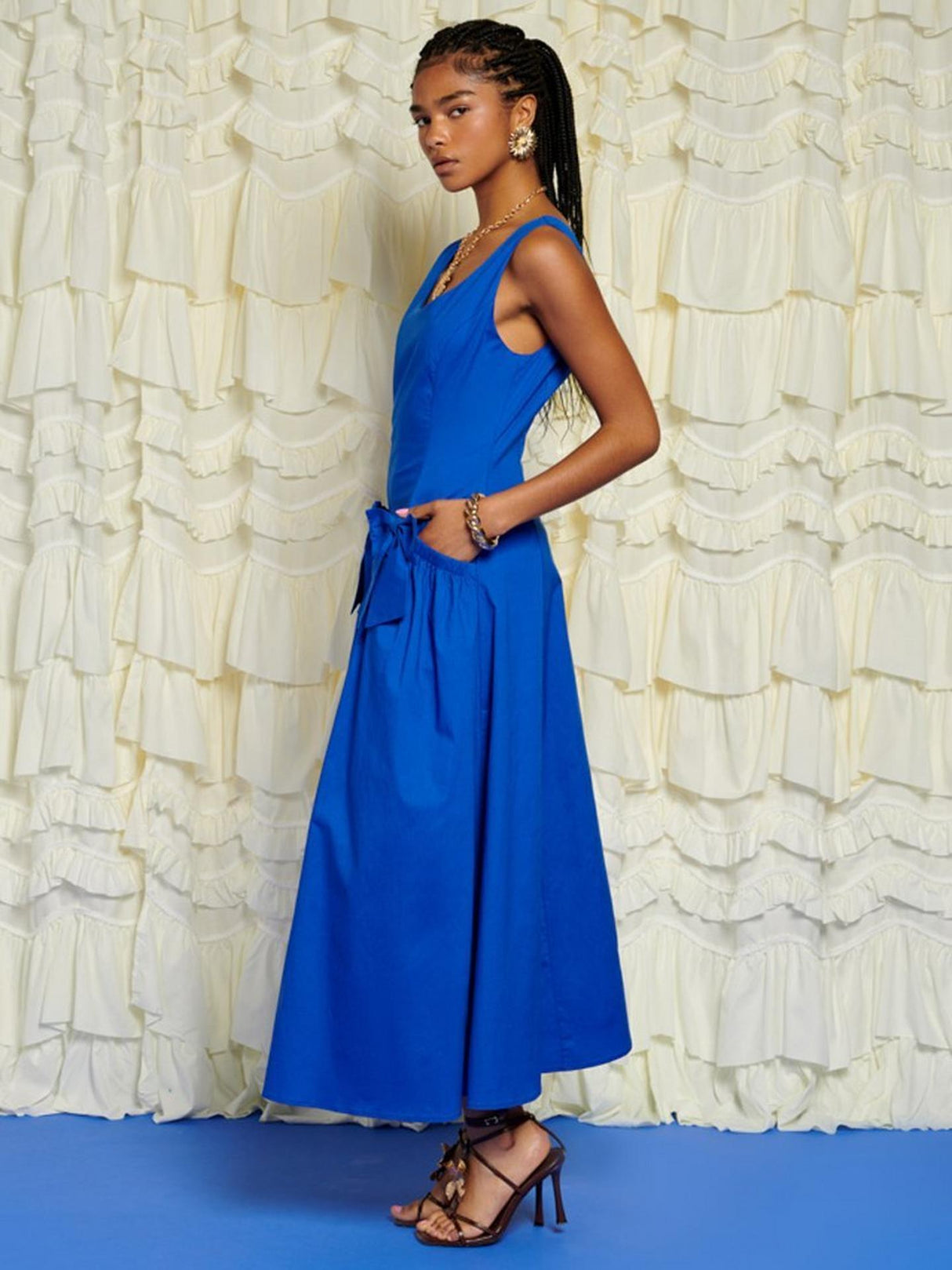 Sister Jane Womens Sleeveless Bow Detail Cotton Blend Midi Dress Blue Size 6