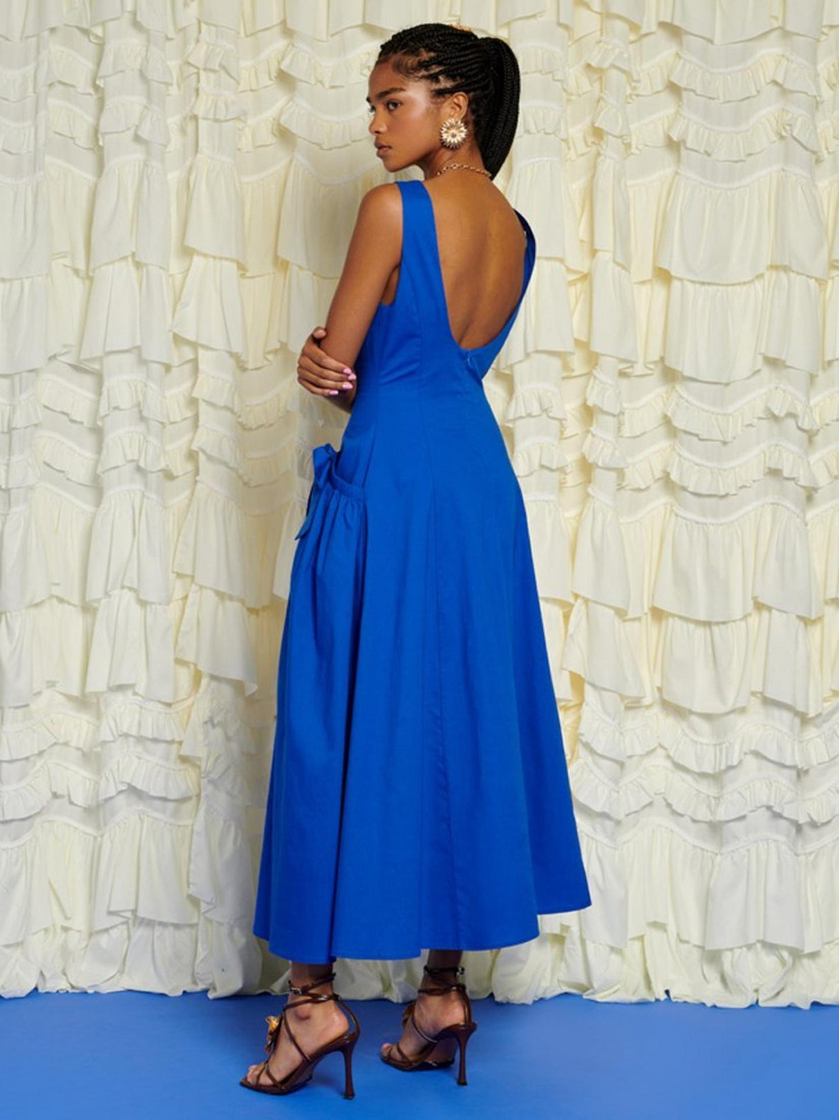 Sister Jane Womens Sleeveless Bow Detail Cotton Blend Midi Dress Blue Size 6