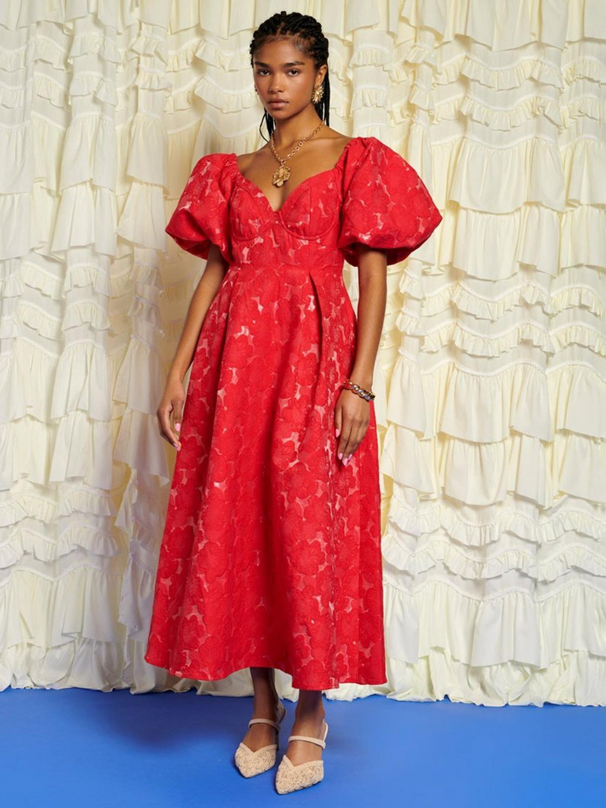 Sister Jane Maria Womens Polyester Floral Jacquard Midi Dress - Size 14 Red