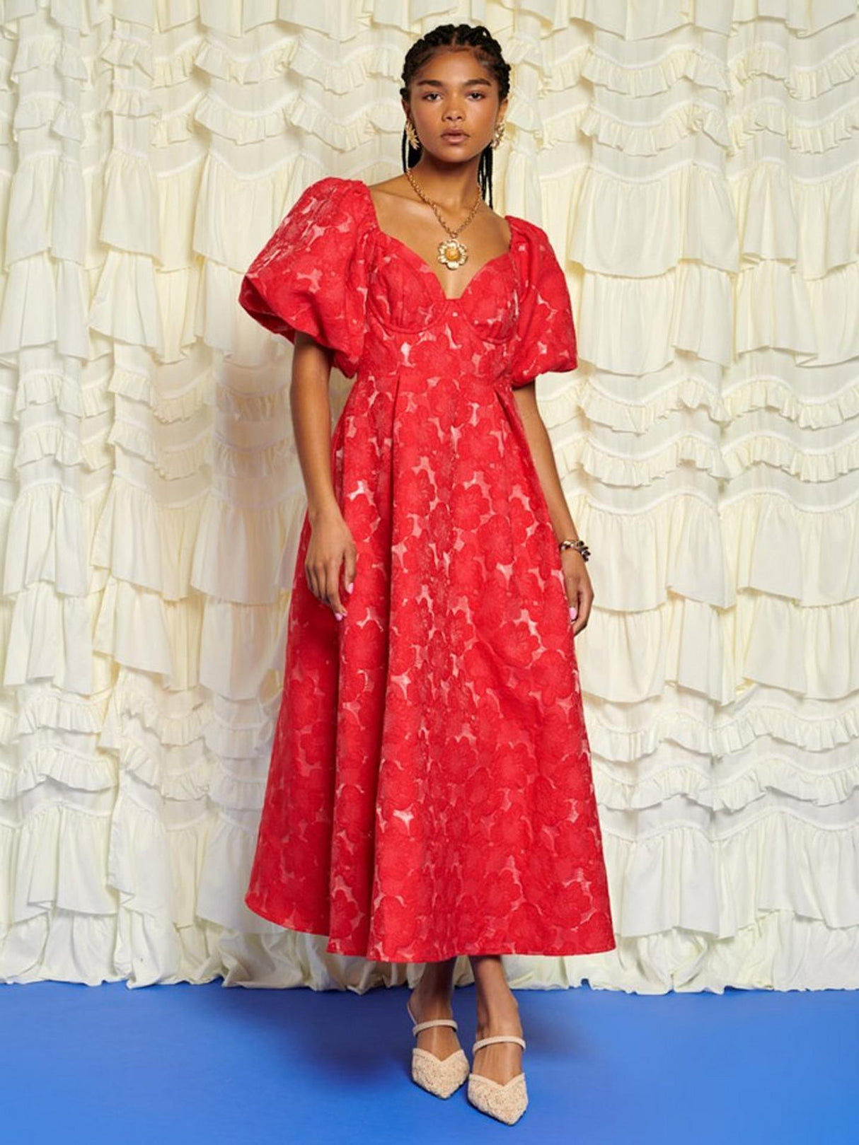 Sister Jane Maria Womens Polyester Floral Jacquard Midi Dress - Size 14 Red