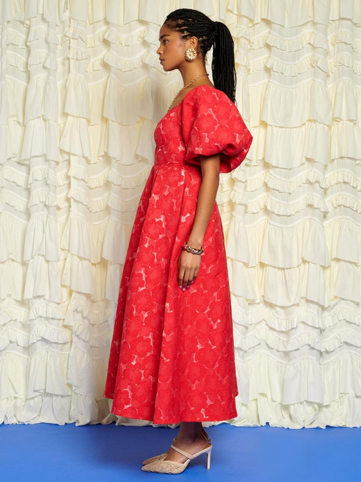 Sister Jane Maria Womens Polyester Floral Jacquard Midi Dress - Size 14 Red