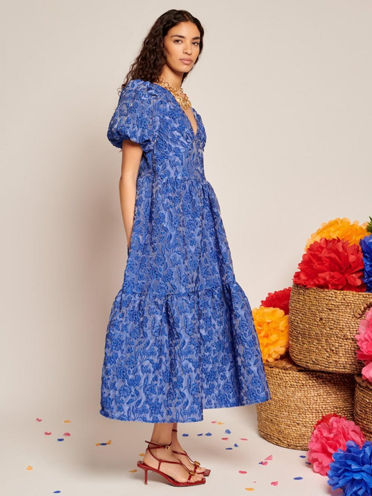 Sister Jane Womens Floral Jacquard V-Neck Polyester Midi Dress Blue - Size 6