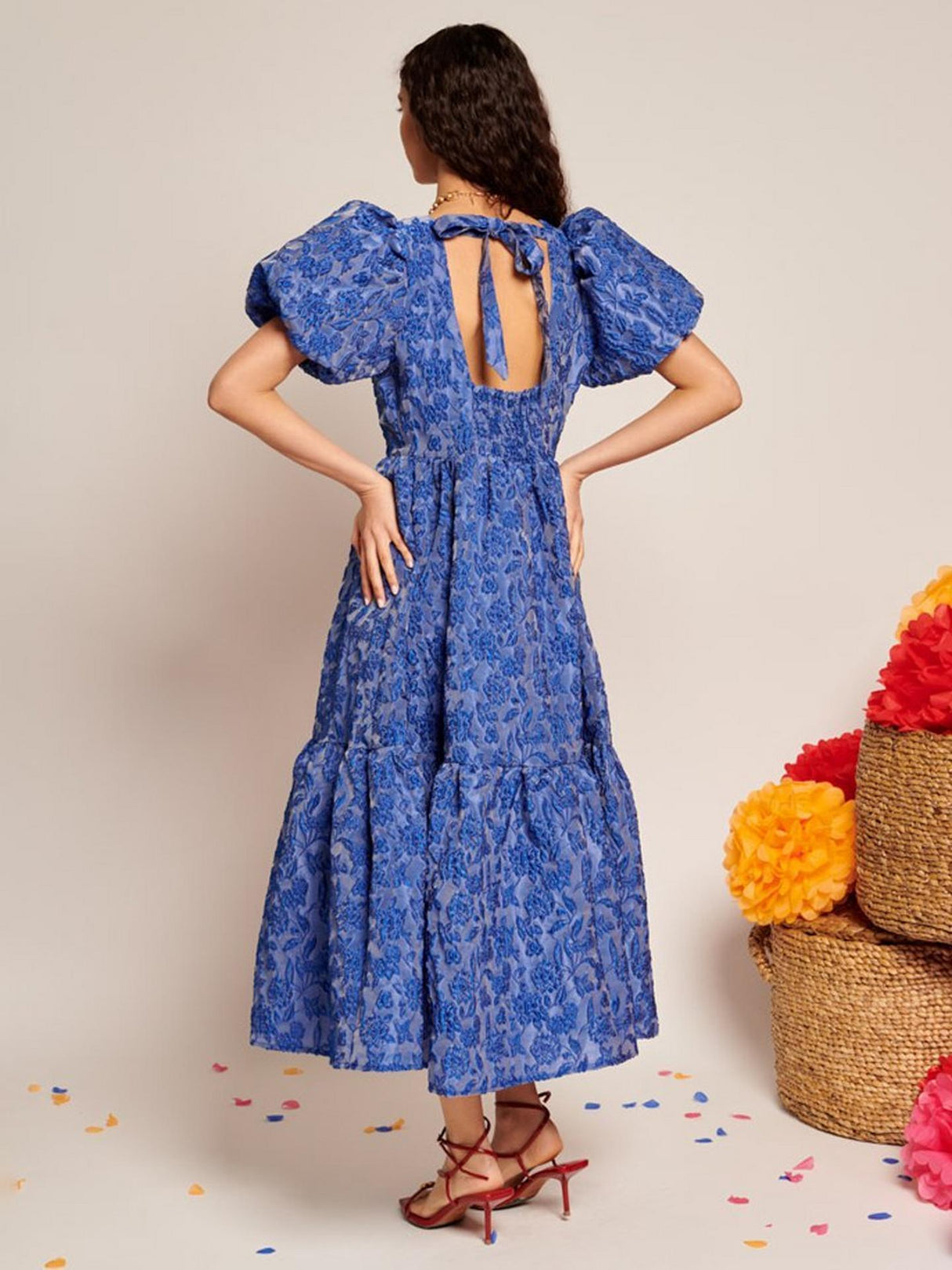 Sister Jane Womens Floral Jacquard V-Neck Polyester Midi Dress Blue Size 12