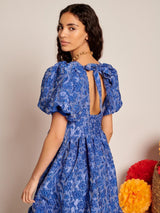 Sister Jane Womens Floral Jacquard V-Neck Open Back Midi Dress Blue Size 14