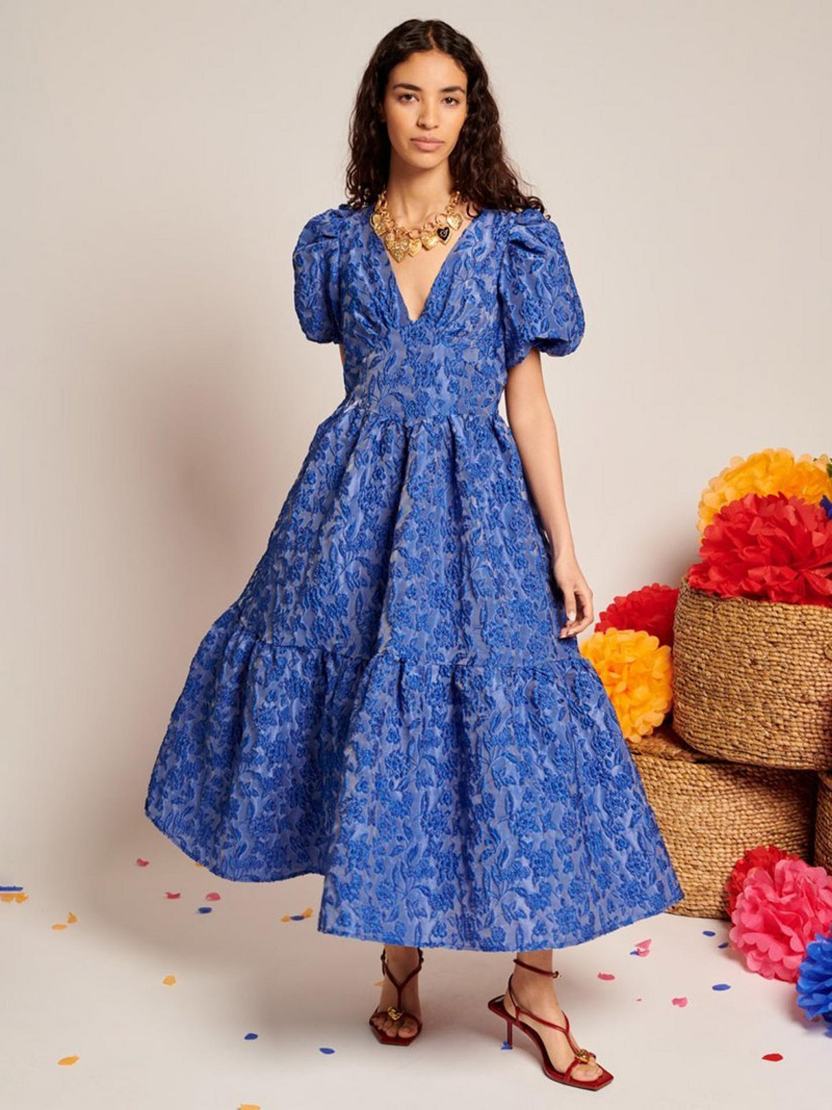 Sister Jane Floral Jacquard Polyester Midi Womens Dress - Blue - Size 16