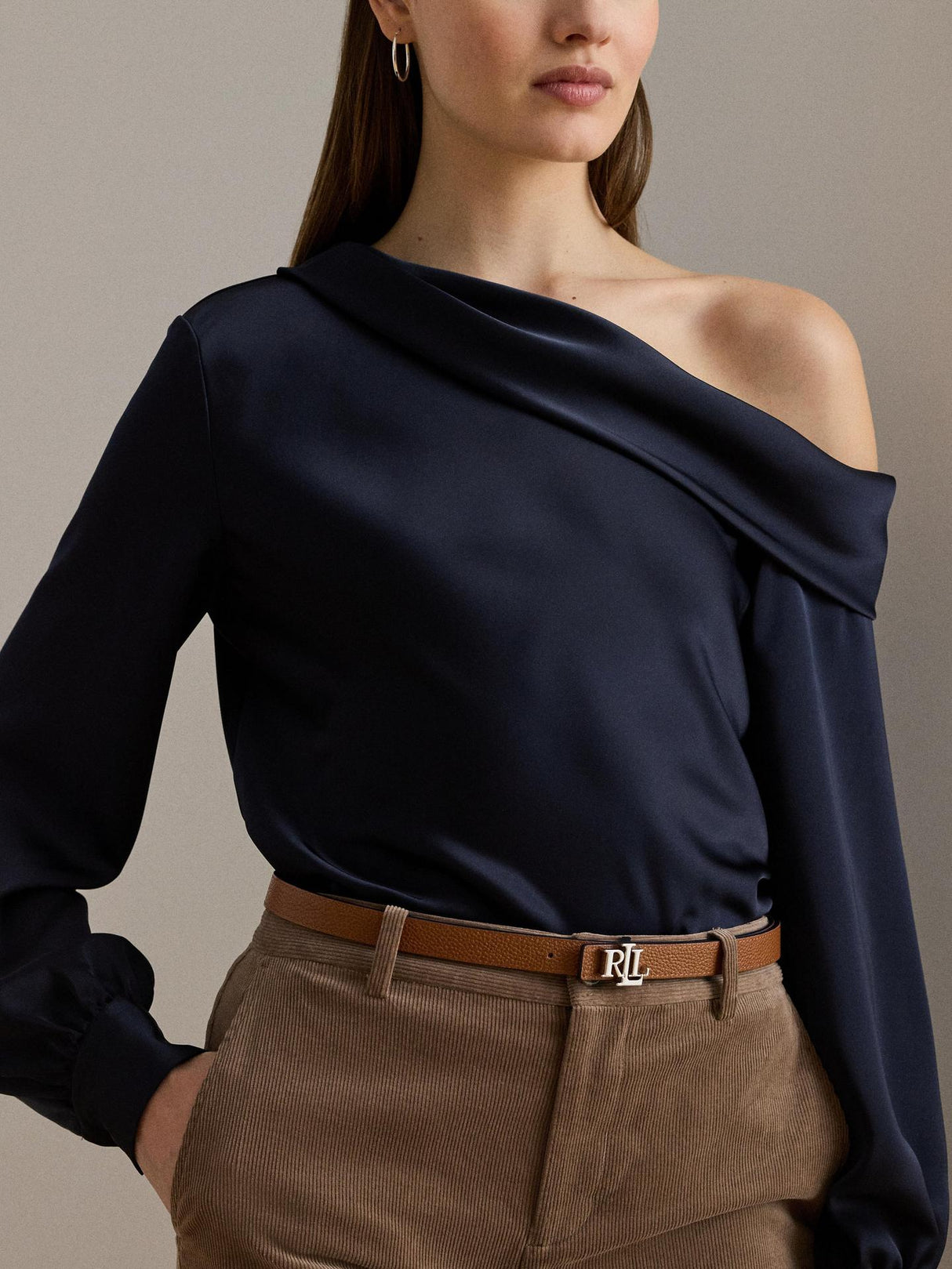 Ralph Lauren Zamiel Satin Charmeuse Navy Asymmetric One Shoulder Blouse - L