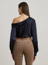 Ralph Lauren Zamiel Satin Charmeuse Navy Asymmetric One Shoulder Blouse - L