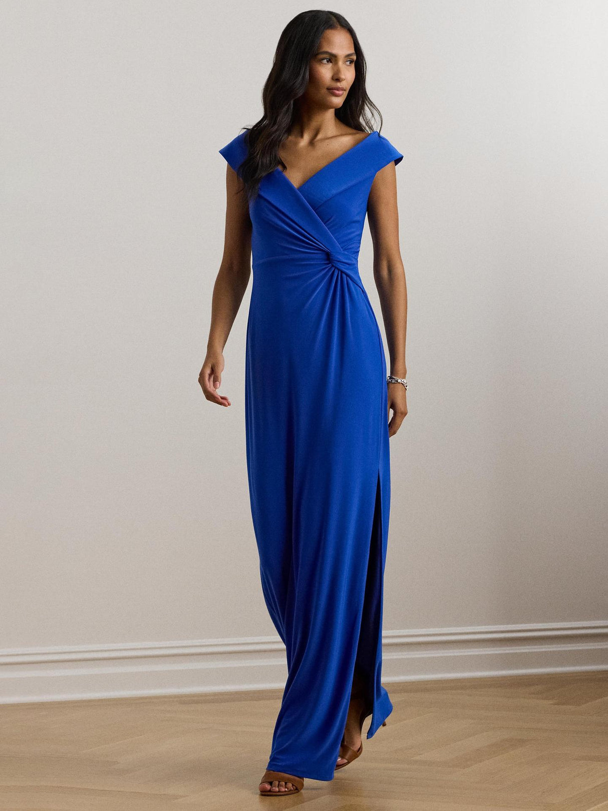 Ralph Lauren Womens Leonidas Twist Jersey Column V-Neck Dress Blue Size 10