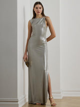 Ralph Lauren Keilly Sleeveless Metallic Maxi Dress Nickel/Silver Foil - 12