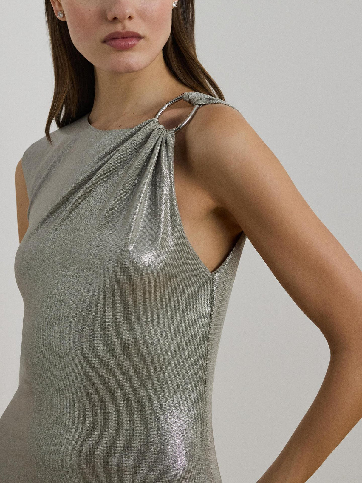 Ralph Lauren Keilly Sleeveless Metallic Maxi Dress Nickel/Silver Foil - 12
