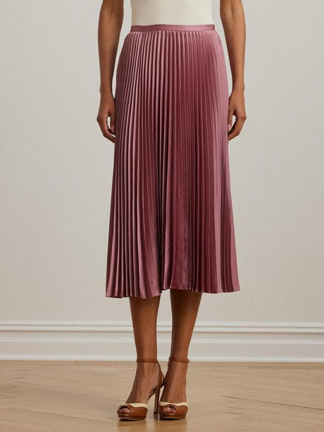 Ralph Lauren Suzu Pleated Satin A-Line Midi Skirt - Rose Mauve - UK 10