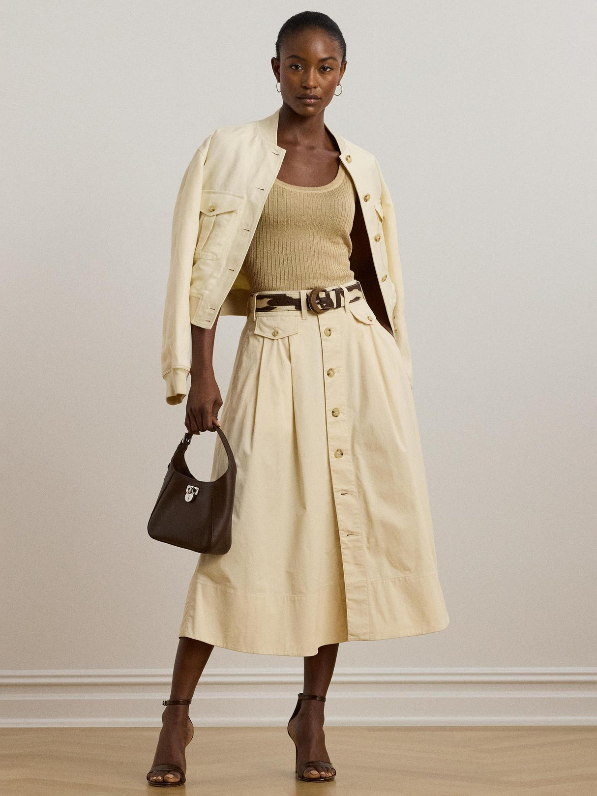 Ralph Lauren Gilchrist A Line Button Front Midi Skirt - Ivory Beige - UK 12