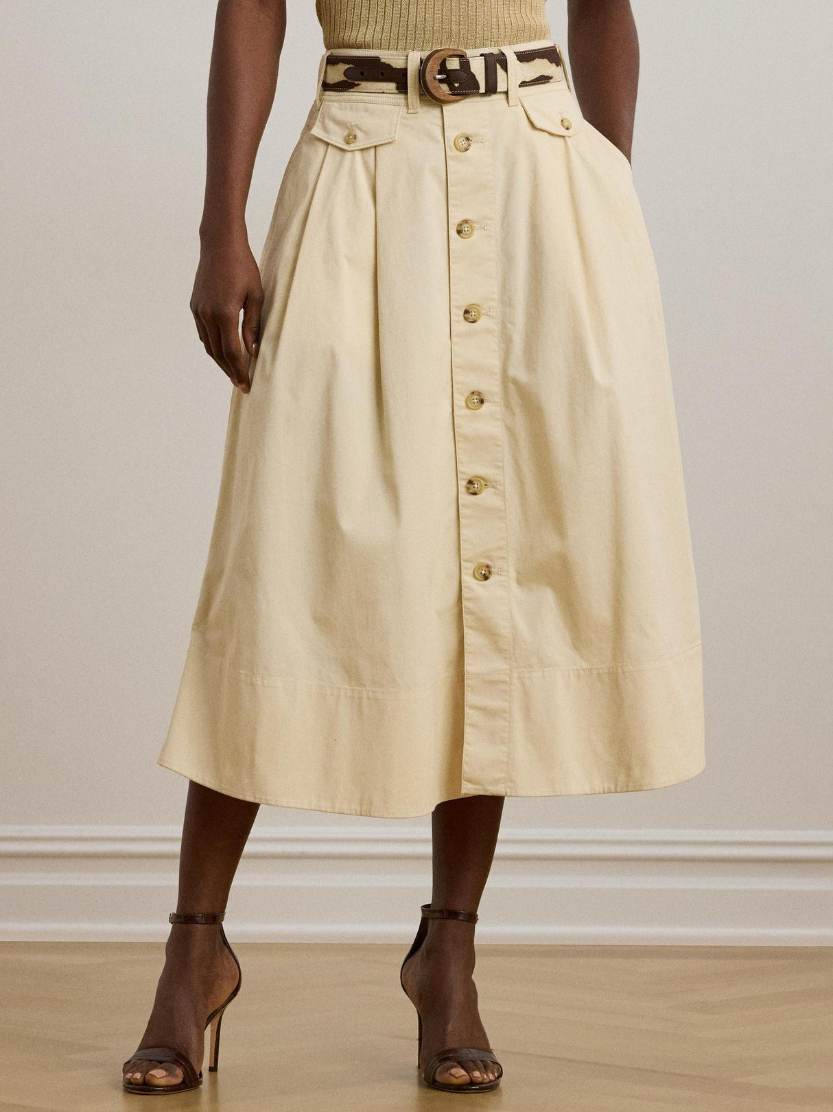 Ralph Lauren Gilchrist A Line Button Front Midi Skirt - Ivory Beige - UK 12