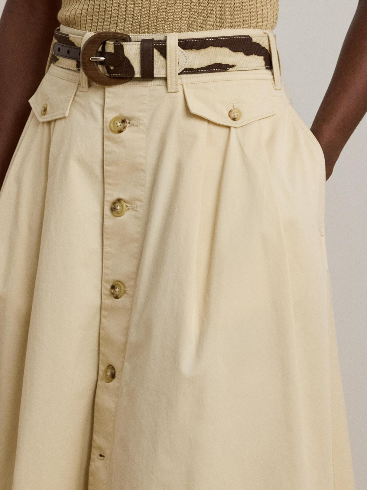 Ralph Lauren Gilchrist A Line Button Front Midi Skirt - Ivory Beige - UK 12