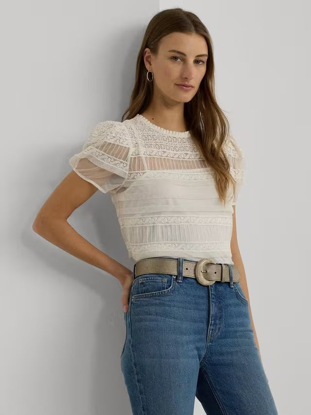 Ralph Lauren Tasarla Short Sleeve Lacework Top - Mascarpone Cream - Size L