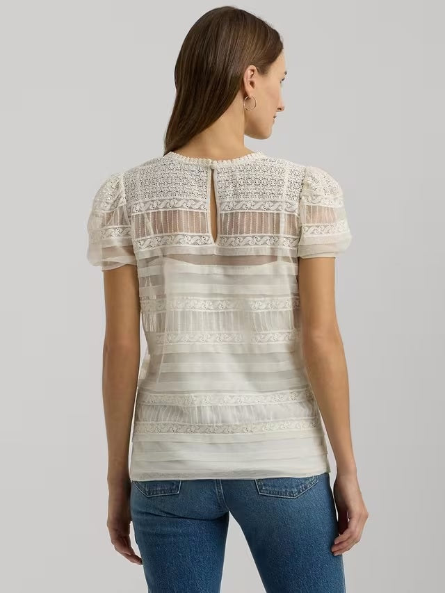 Ralph Lauren Tasarla Short Sleeve Lacework Top - Mascarpone Cream - Size L