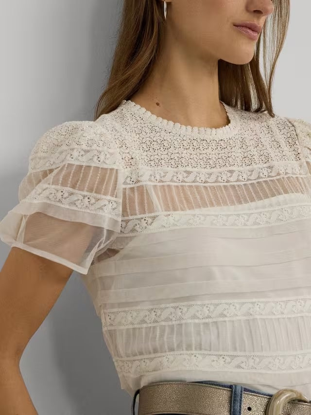 Ralph Lauren Tasarla Short Sleeve Lacework Top - Mascarpone Cream - Size L