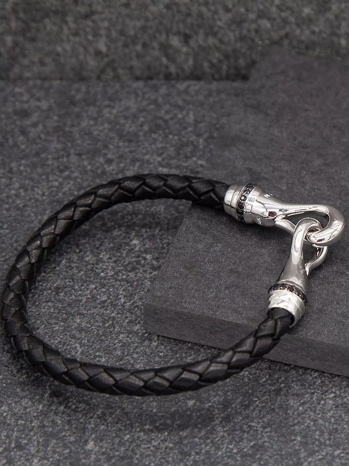 Hoxton London Men's Sapphire Braided Leather Hook Bracelet - Black/Silver