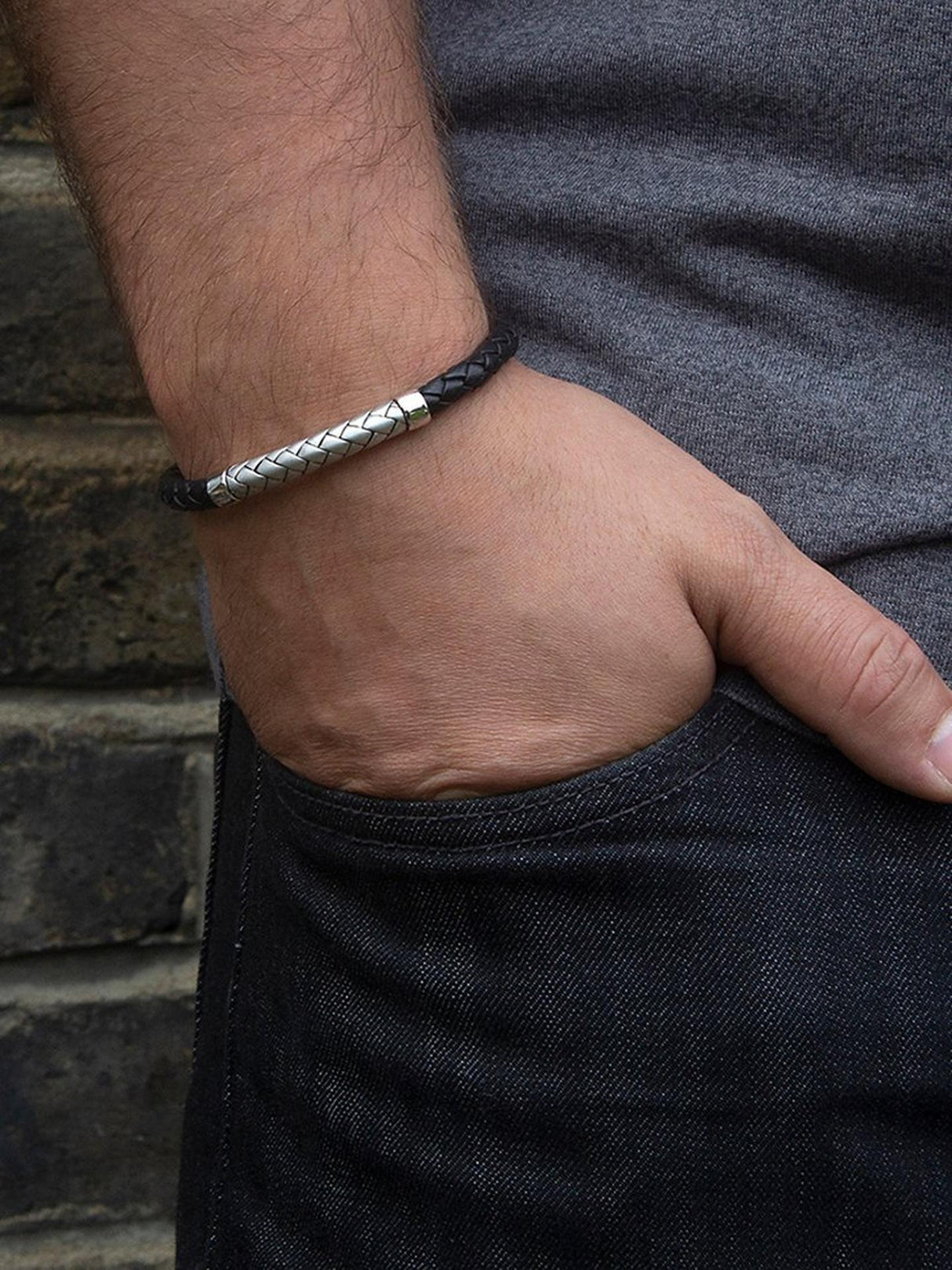 Hoxton London Men Herringbone Braided Sterling Silver Leather Bracelet Black