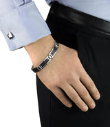Hoxton London Men's Sterling Silver And Leather Inlay Link Bracelet - Black