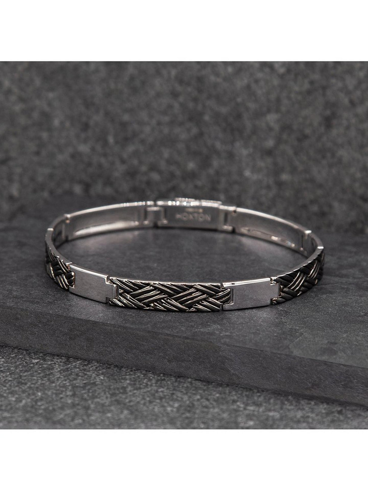 Hoxton London Men's Woven Pattern Oxidised Bar Link Bracelet Sterling Silver