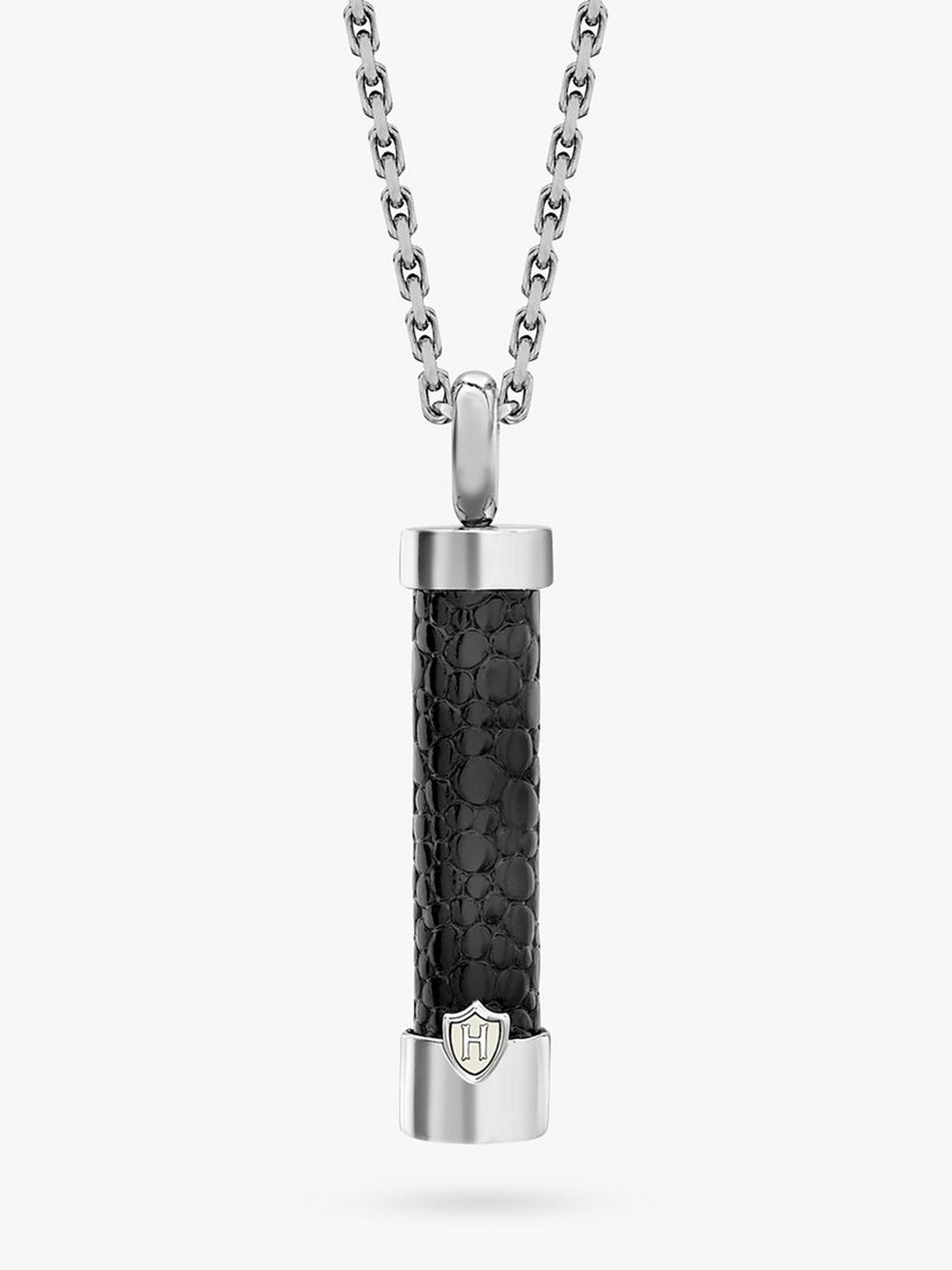 Hoxton London Men's Leather Inlay Cylinder Pendant Necklace - Silver/Black