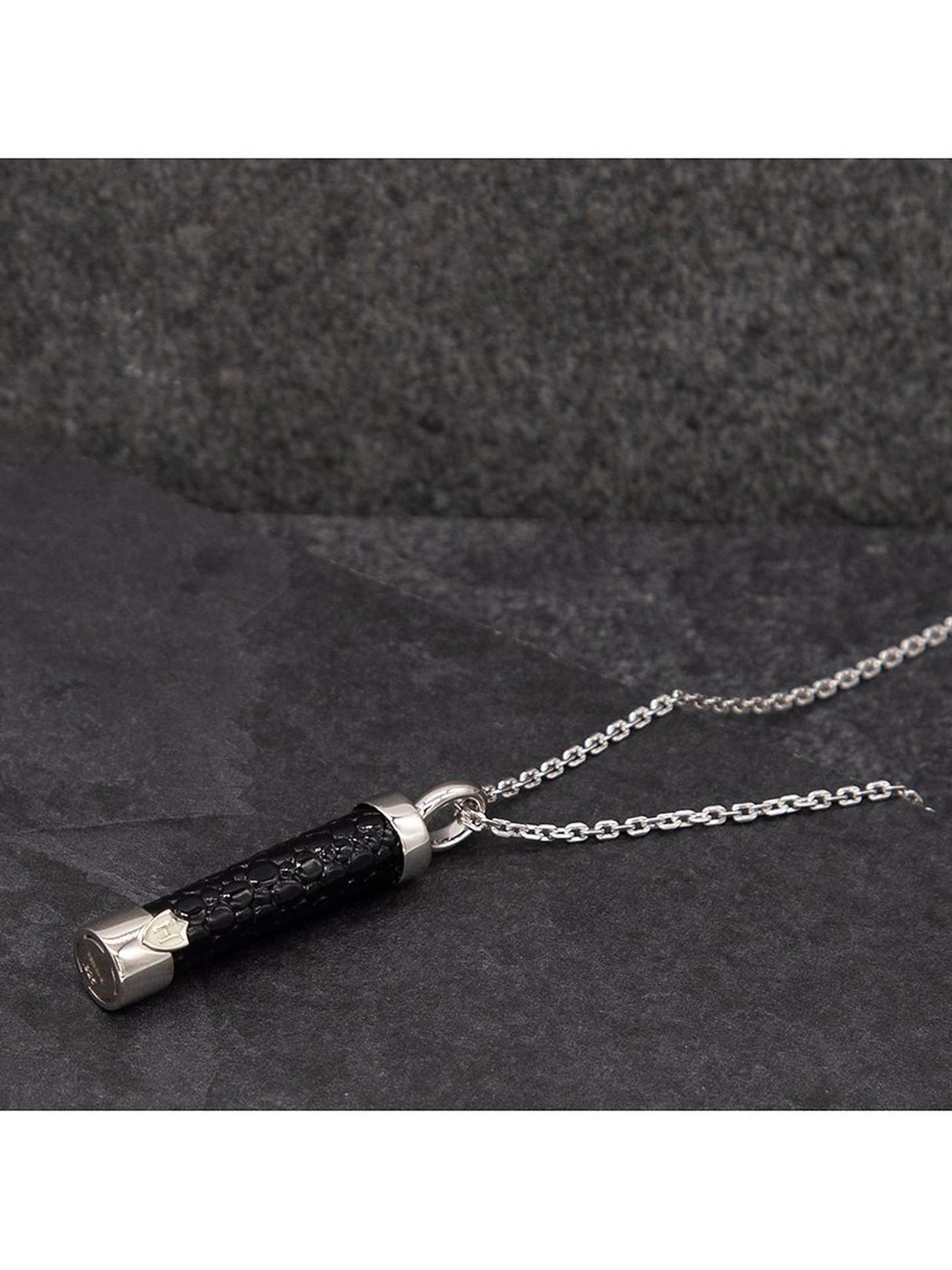 Hoxton London Men's Leather Inlay Cylinder Pendant Necklace - Silver/Black