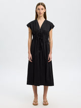 Selected Womens Regular Fit V-Neck Tie Cotton Midi Dress - Size 42 Black