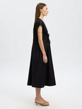 Selected Womens Regular Fit V-Neck Tie Cotton Midi Dress - Size 42 Black