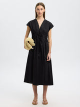 Selected Womens Regular Fit V-Neck Tie Cotton Midi Dress - Size 42 Black