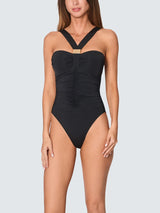 NAIA Beach Selene Womens Nylon Halter Neck Plain Swimsuit Black - Size 14