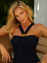 NAIA Beach Selene Womens Nylon Halter Neck Plain Swimsuit Black - Size 10