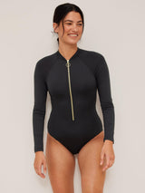 Seafolly Plain Zip Front Surf Womens Nylon Blend Swimsuit Black - Size 10