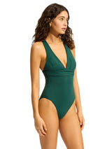 Seafolly Collective Womens Plunge Neck Crossback Swimsuit Evergreen Size 14