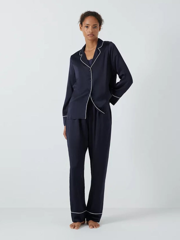 John Lewis Womens Long Sleeve Piped Silk Pyjama Set - Grisaille - Size M