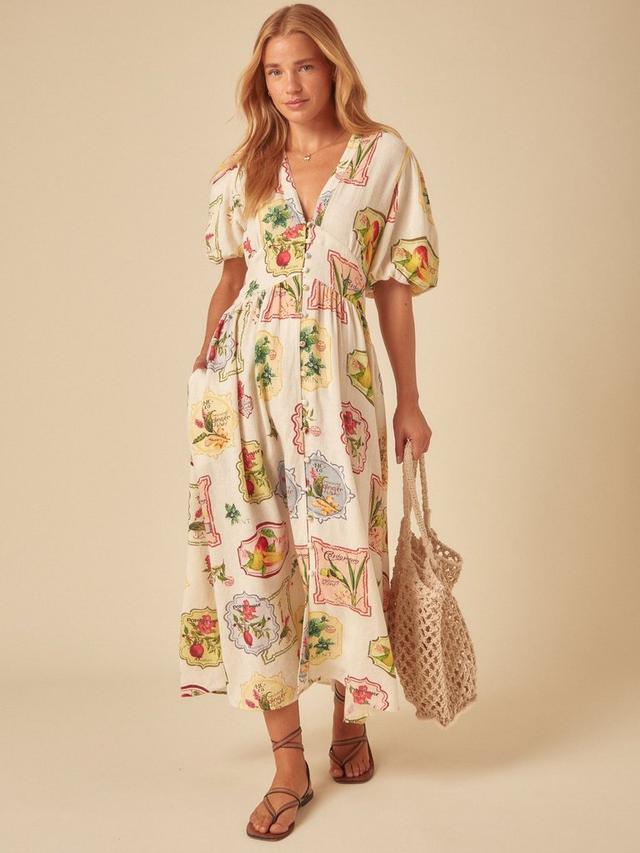 Nobody's Child Starlight Vintage Print Linen Rich Dress - Retro Fruit - UK12