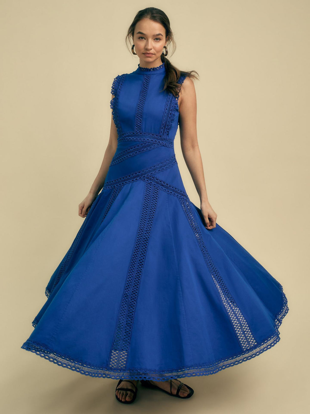 Florere Womens Sleeveless Cotton Lace Detail Lined Midi Dress Blue - Size 14